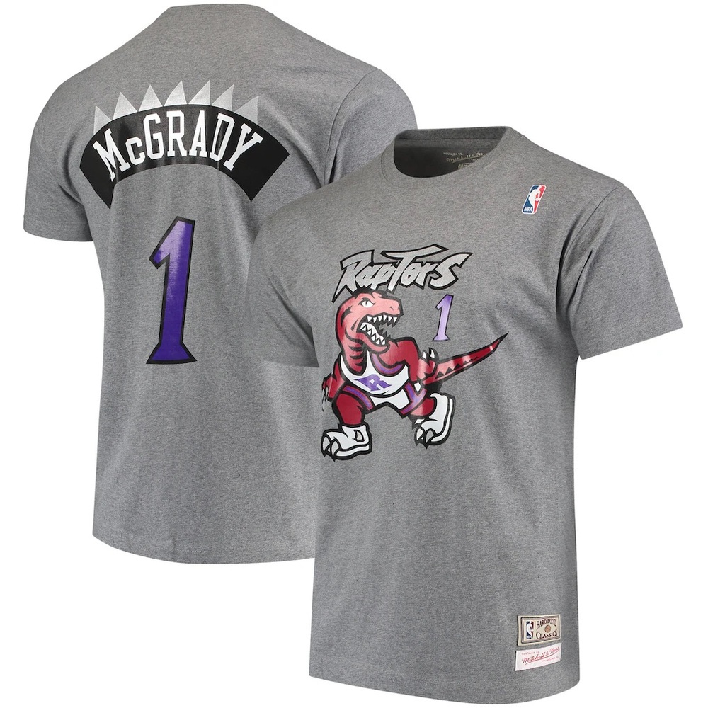 Mitchell & Ness Gray Raptors T-Shirt with Red and Purple Graphic